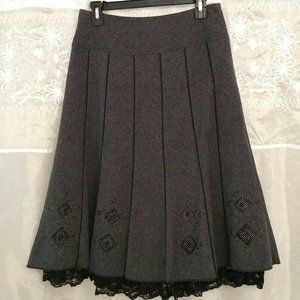 Grey Fit & Flare Midi Skirt, Black & Silver Sparkle Embroidery, Lace Hem, 6